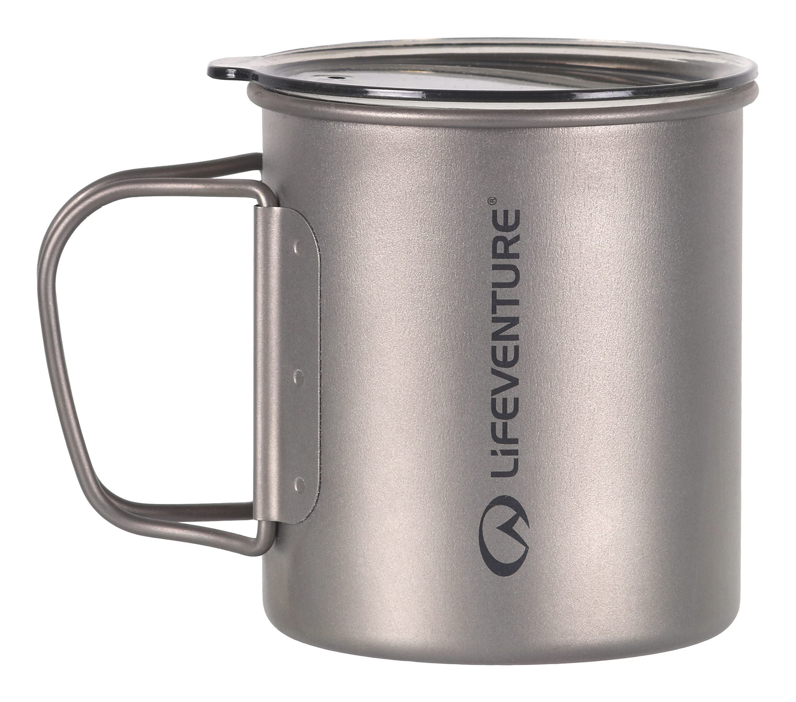 Lifeventure Superlight Titanium Insulated Double Wall Mug with Lid and Folding Handle – Ideal for Camping Or Travel, Silver