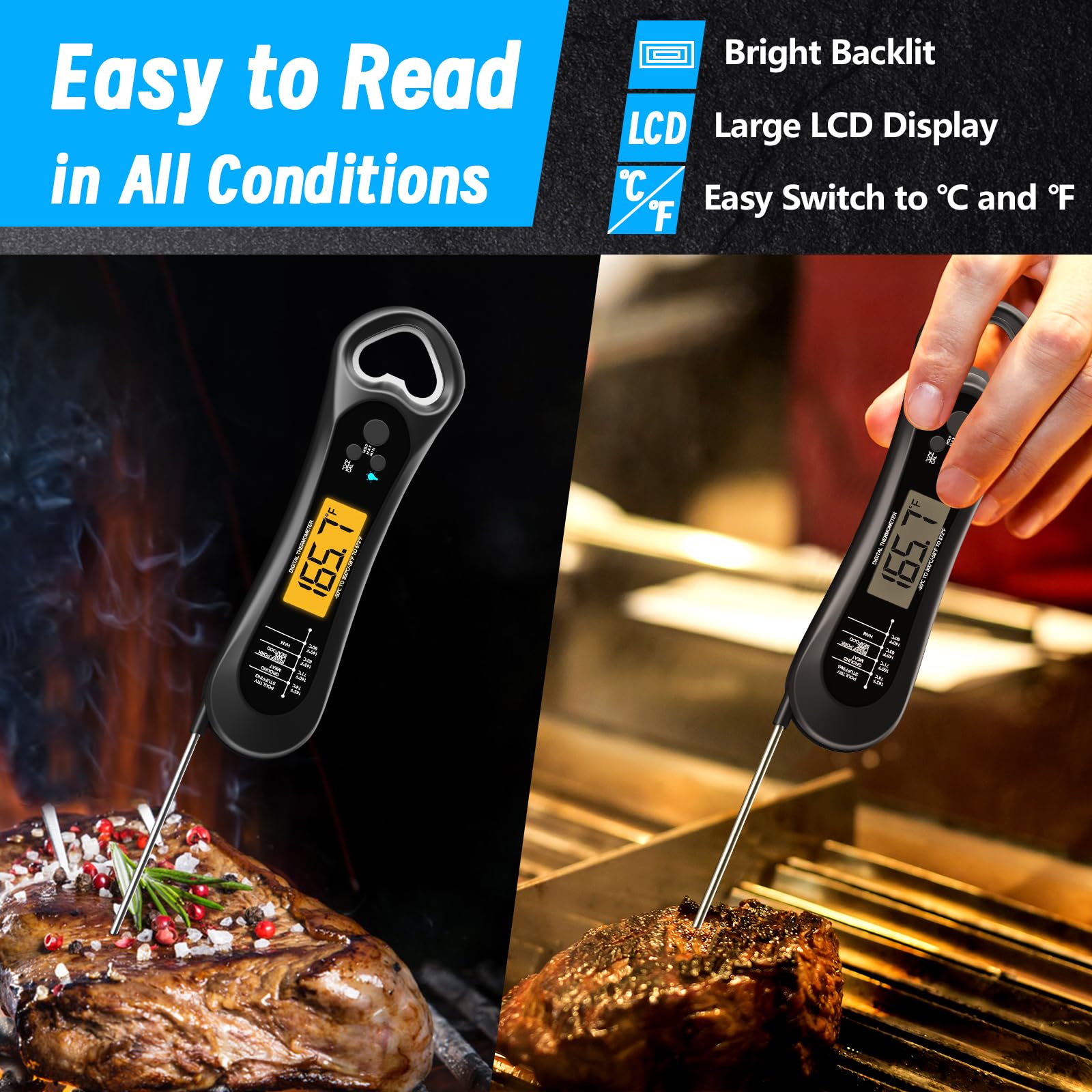 Digital Meat Thermometer for Cooking, Biison Wireless Instant Read Meat Thermometer Waterproof, Backlight, Ultra-Fast Accurate and 180° Folding Probe Kitchen Thermometer for Turkish/Grill