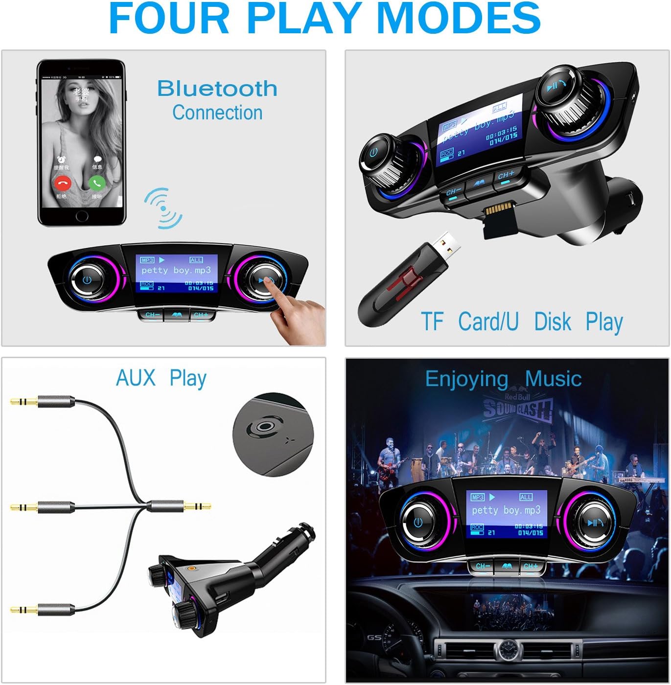 Bluetooth FM Transmitter Handfrees-Calling Radio Adapter Car Kit with Dual USB Port MP3 Player Support TF Card USB Flash Drive: Home Audio & Theater