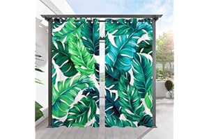 ANHOPE Outdoor Curtains Grommet Top Waterproof Window Drapes Turquoise Green Tropical Palm Leaves Print Pattern Outside Privacy Curtains for Patio Pergola Gazebo Cabana Porch 2 Panels 36 x 84 Inch