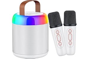 Justcool Karaoke Machine for Kids, Portable Bluetooth Speaker with 2 Wireless Microphones and LED Lights, Music Player Toys Gifts for Kids Ages 4, 5, 6, 7, 8, 9, 10+ Year Old Birthday Party (White)