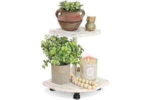 Tikea Decorative Wood Riser for Display, 2-Tier Farmhouse Corner Shelf for Kitchen Bathroom Counter Decor, Farmhouse Riser for Soap Dispenser, Decorations and Plant (White)