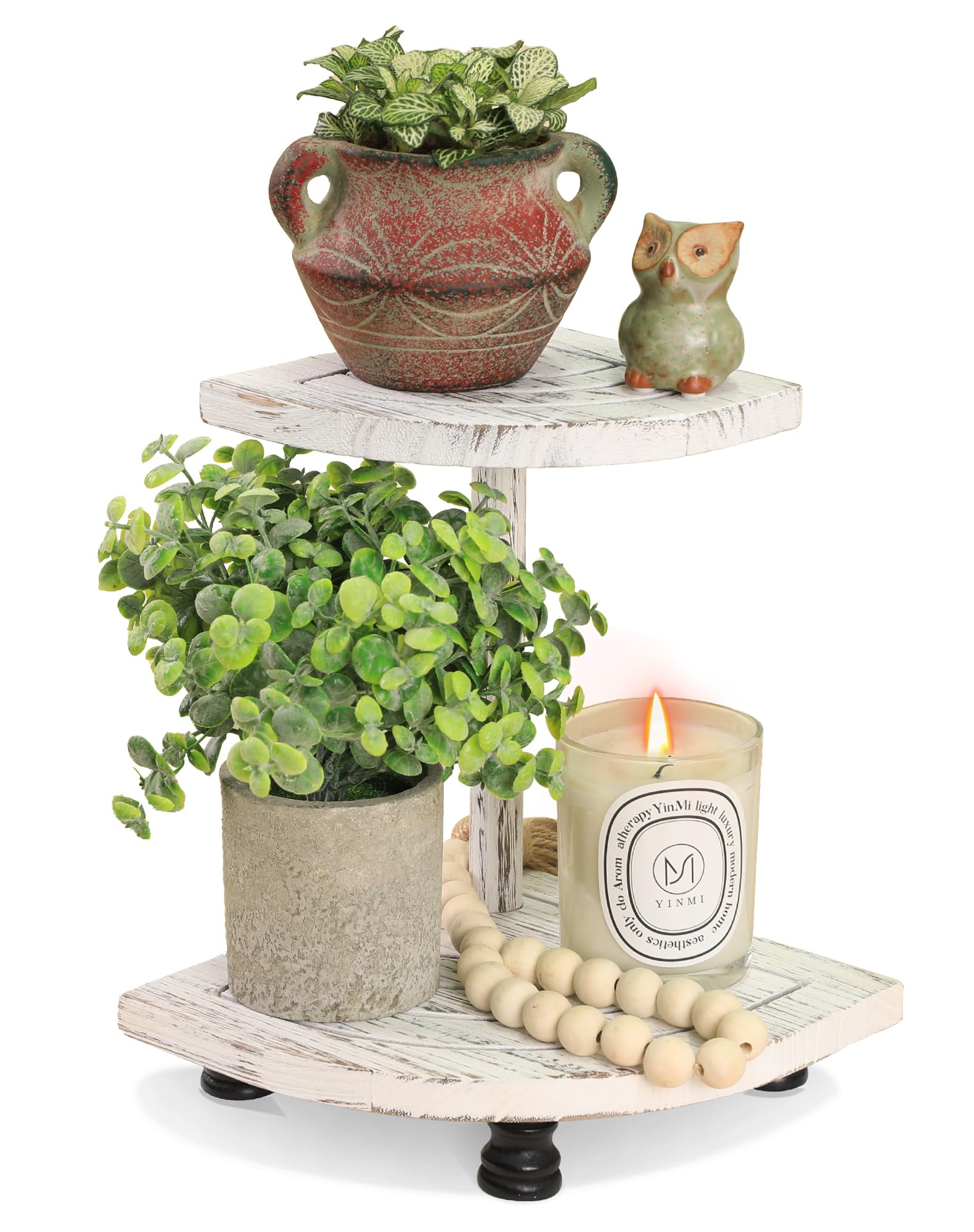 Photo 1 of *******Missing two feet*****Tikea Decorative Wood Riser for Display, 2-Tier Farmhouse Corner Shelf for Kitchen Bathroom Counter Decor, Farmhouse Riser for Soap Dispenser, Decorations and Plant (White)