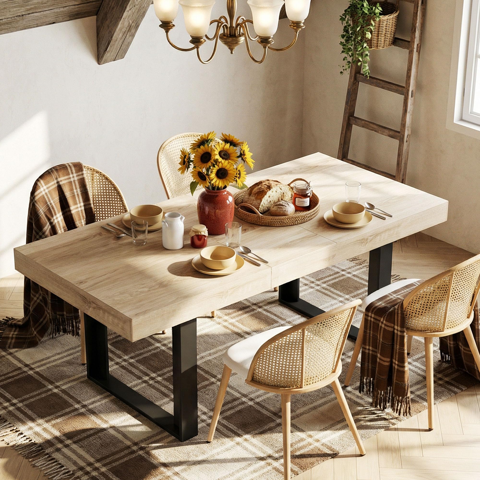 Photo 1 of **Missing Chairs **
STHOUYN 63"-79" Farmhouse Wood Extendable Dining Room Table Set with 4 Upholstered Chairs, Rectangular Expandable Retractable Kitchen Table and Chairs Set of 6 (63"-79" Natural Table + 4 White Chairs)