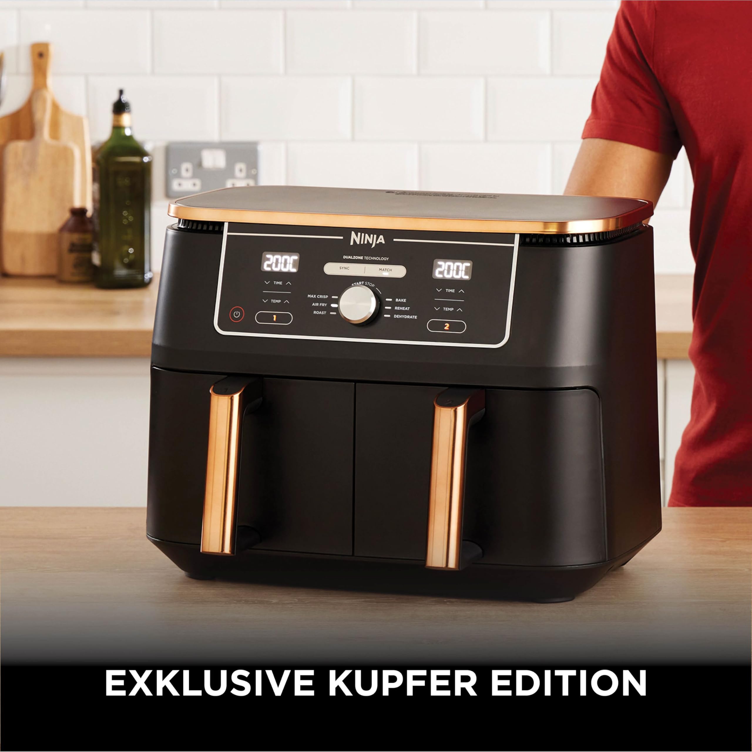 Ninja Foodi MAX Dual Zone Heißluftfritteuse, 9,5L Airfryer, 2 Fächer, mit Zange, Antihaftbeschichtung, spülmaschinenfeste Körbe, 6-in-1, Amazon Exklusiv, Kupfer/Schwarz, AF400EUCP 2