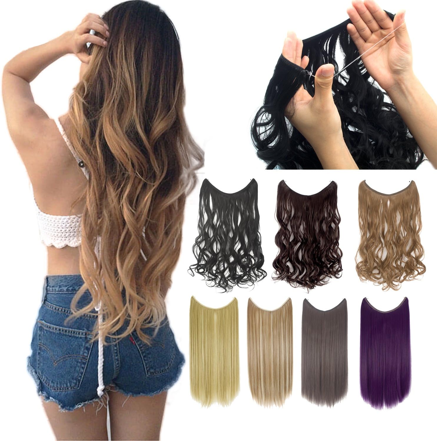 22-24 inch One Piece No Wire Hair Extensions Curly Synthesis Hair Miracle Secret Invisible Wire Hair Extensions No Clip Hairpieces for Ladies