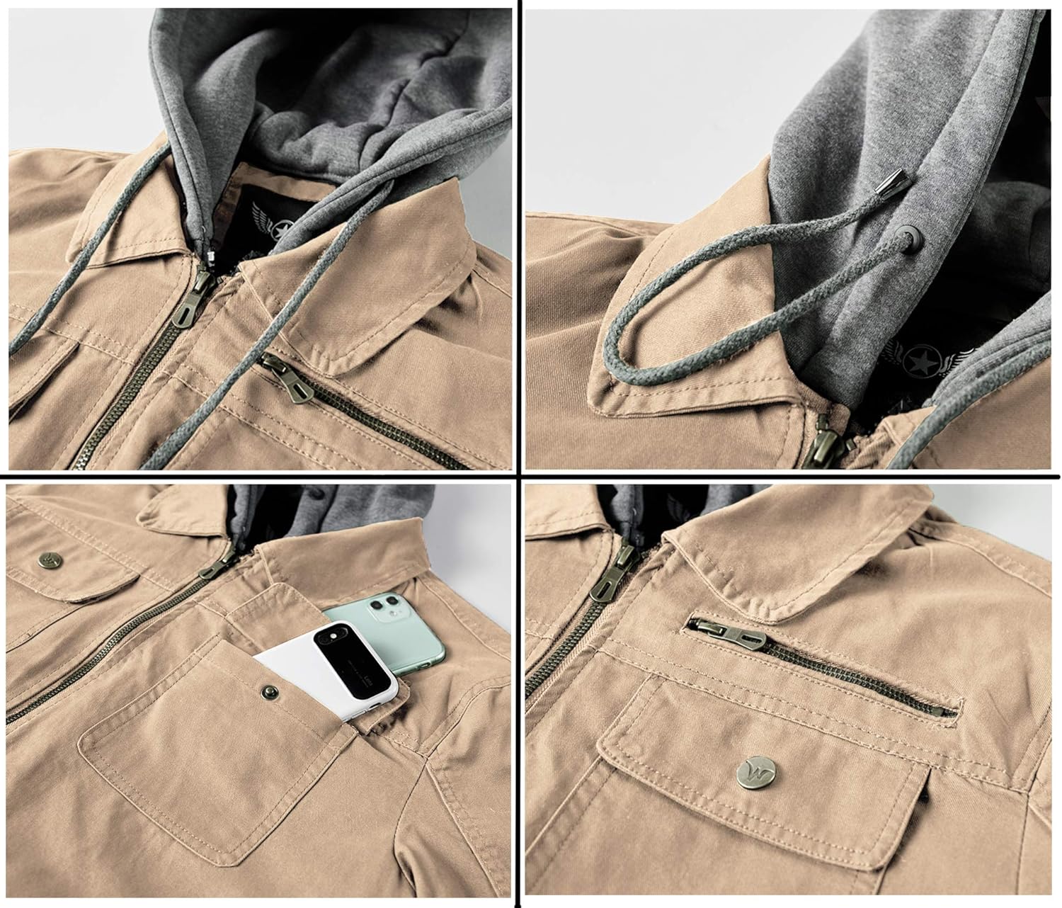 JYG Men's Casual Cotton Military Lapel Jacket with Removable Hood at  Men’s Clothing store