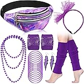 Handepo 19 Pcs 80s Costume Accessories Holographic Fanny Pack Leg Warmers Lace Headband Earrings Gloves Necklace Bracelet