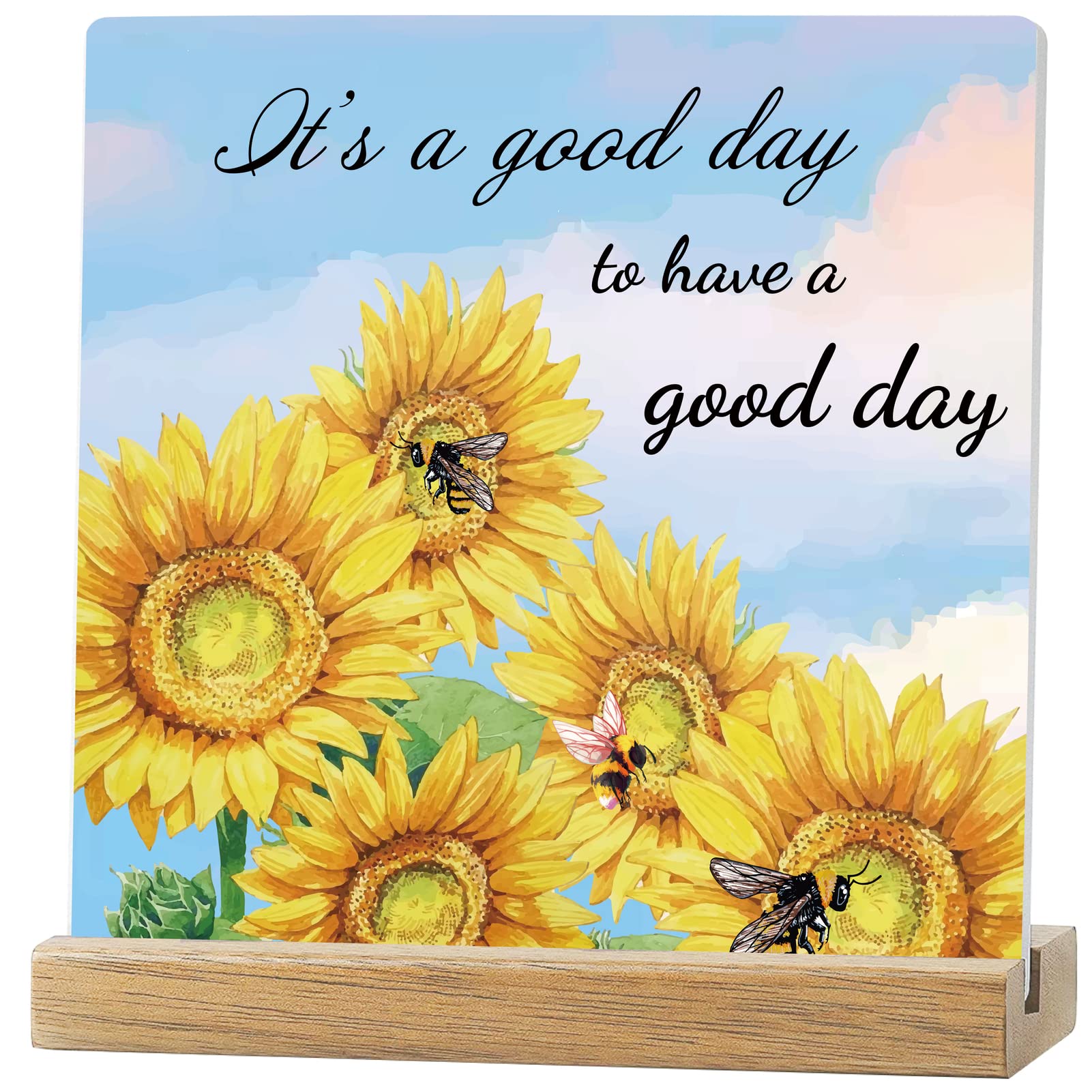 CREATCABIN Sunflower Inspirational Quotes Desk Decor Gift It's A Good Day Office Decor Ceramic Plaque Positive Table Sign Encouragement Cheer Up Gift With Wooden Stand for Women Best Friend Coworker