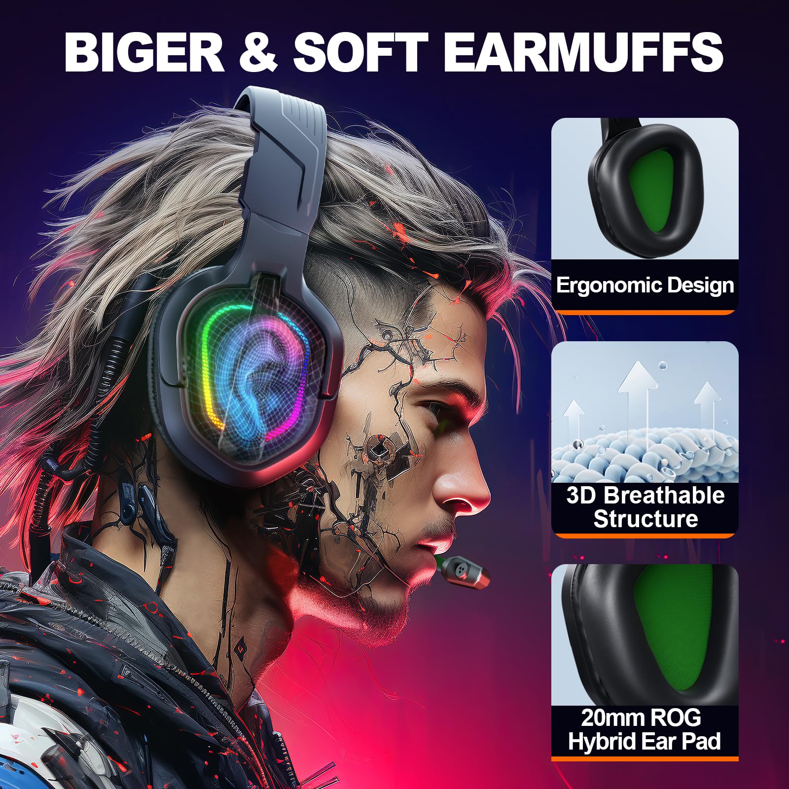 Krysenix Gaming Headset for PS4, PS5, PC, Mac, Xbox Series X, Noise Canceling Headphones with Microphone, PG2 Computer Headset with 3.5mm Jack & RGB Light Black/Green