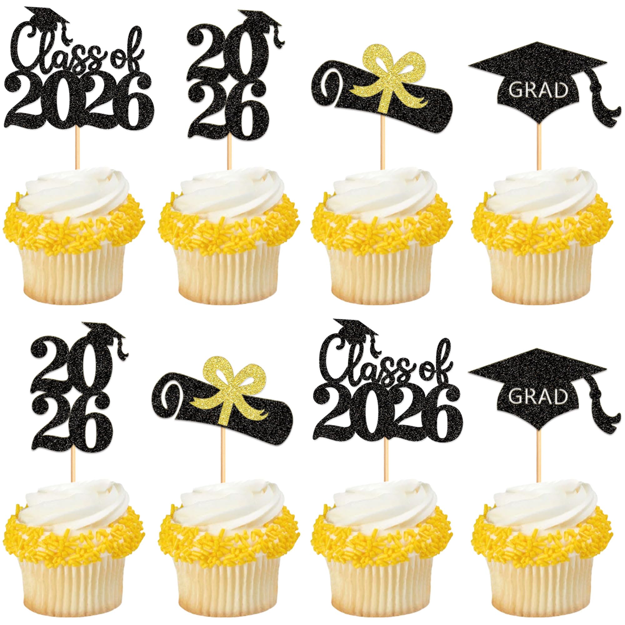 Blumomon 24Pcs Black Glitter Congrats Grad Cake Topper 2026 Graduation Party Decorations Supplies Graduation Cake Toppers Happy Graduation Party Decorations