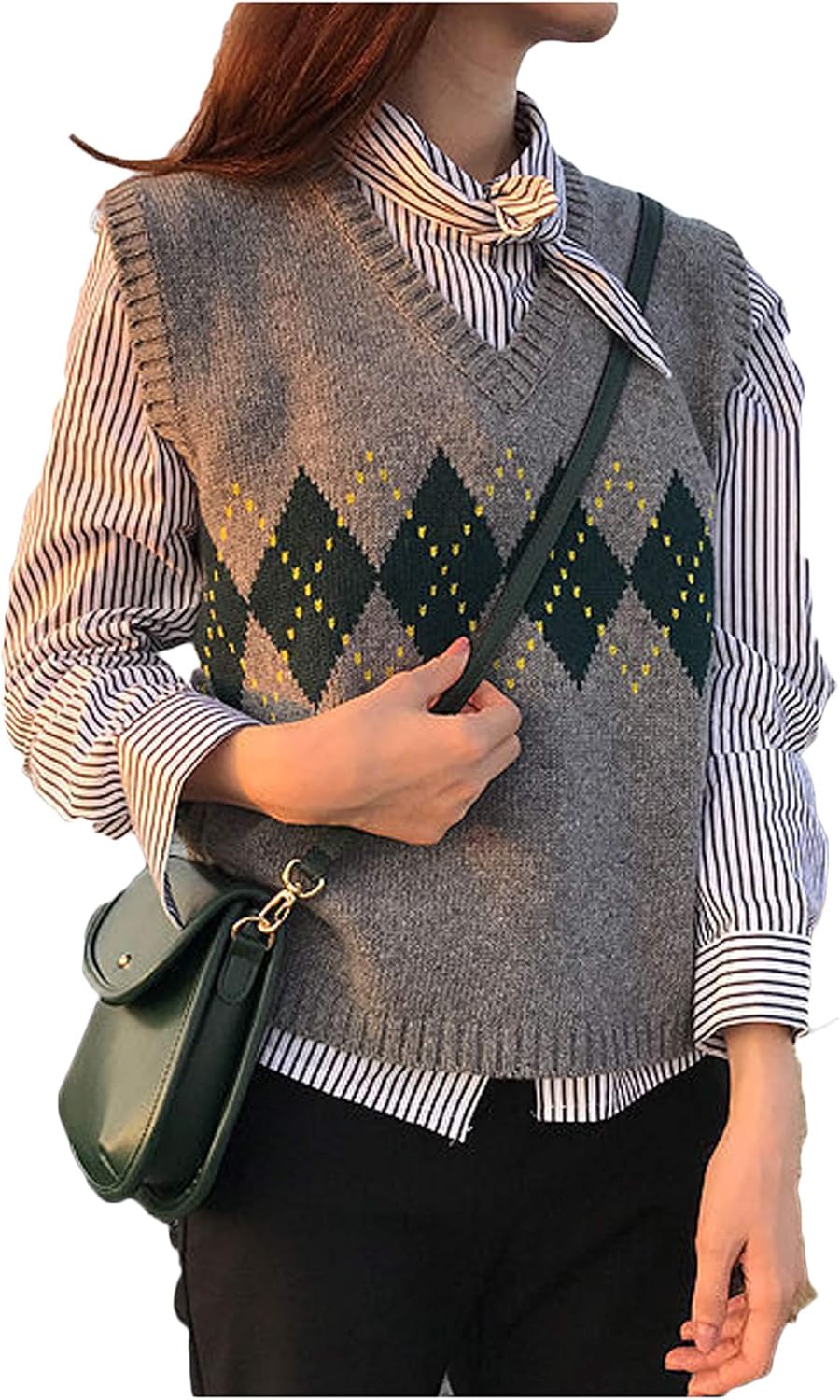 Suéter feminino de malha Y2K Argyle xadrez EGirls estilo preppy anos