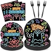 96Pcs Neon Ghost Paper Plates and Napkins Spooky Halloween Party Supplies | Halloween Paper Plates and Napkins, Cute Boo Ghost Disposable Tableware for Halloween Birthday Party Decorations, Serves 24