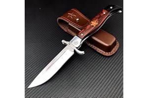 HUAAO Tactical Folding Knife, 4.4in Stainless Steel Mirror Blade, Rosewood Handle with Leather Sheath, EDC Knife with Safety Liner-Lock, Hand-blocking Design
