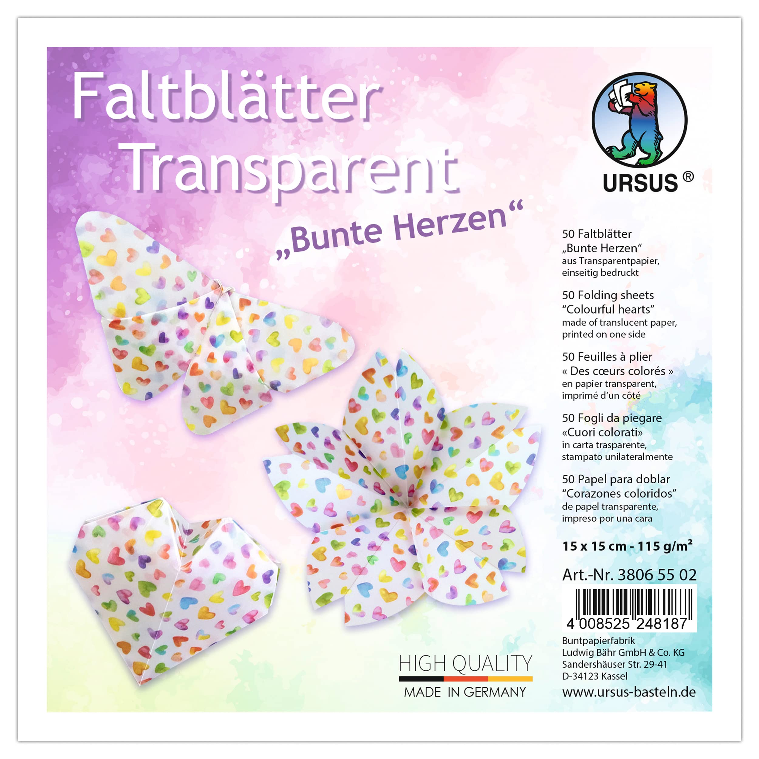 Ursus 38065502 Transparent Paper Folding Sheets Colourful Hearts 50 Folding Sheets 15 x 15 cm Printed on One Side for Crafts and Folding Figures, Stars and Window Pictures