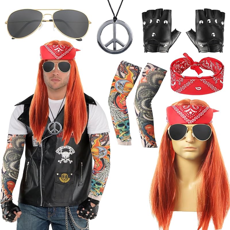 Heartsking 8pc Rockstar Costume Glam 80s 90s Men Outfit Wigs Gloves Set