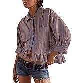 Ymejia Womens 3/4 Length Sleeve Striped Button Down Shirt Loose Fit Drop Shoulder Trendy Ruffle Hem Striped Blouses Top Blue Brown