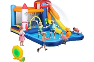 Qaba Inflatable Water Slide Park, Kids Bounce House with Splash Pool, Trampoline, Climbing Wall, Water Cannon, 5 in 1 Waterslide for Kids with 550W Blower, for Backyard, Party