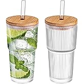 Dingerjar 20 oz Ribbed Glass Tumblers with Bamboo Lids and Straws, 2 Pcs Wide Mouth Thickened Vintage Glass Cup for Boba, Iced Coffee, Juice