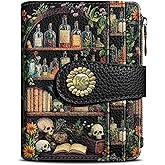 Kelvoris Bookshelves Skull Goth Gothic Small Rfid Women Wallet Bifold Zipper Coin Pocket PU Leather Compact Cash Credit Card Holder Travel Wallet Female Ladies Teen Girls 1 ID Window 10 Card Slots