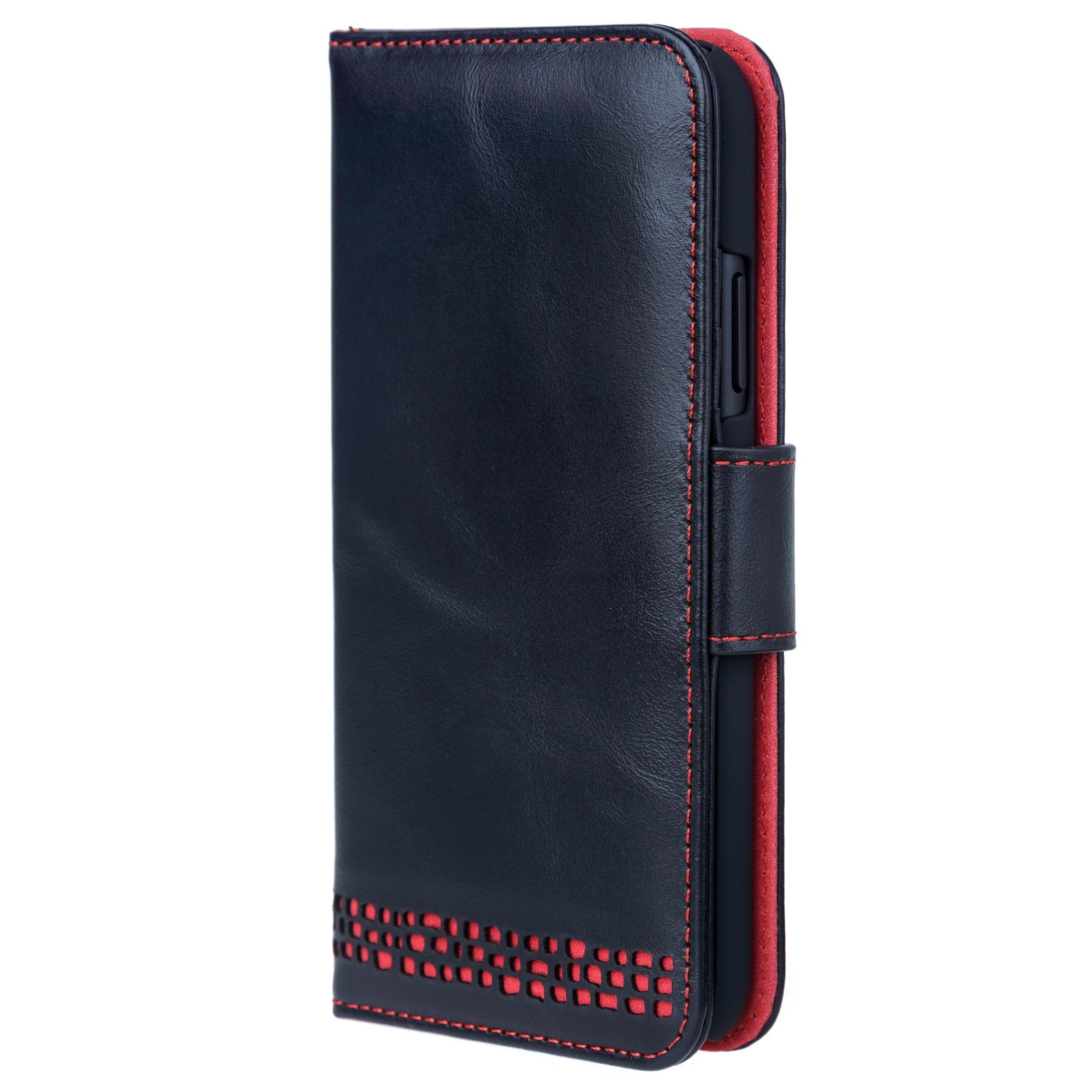 Ed Hicks iPhone XR Vintage Black Real Leather Wallet Case with Red Detailing - Premium Genuine Leather - Stand Function - Built in RFID Protection - Avoids Card Corruption | Re-Purposeable Packaging