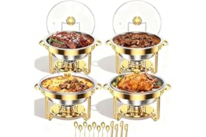 4 Pack Gold Round Chafing Dish Buffet Set, 5 QT Stainless Steel Chafing Dishes for Buffet with Glass Lid and Holder, Complete