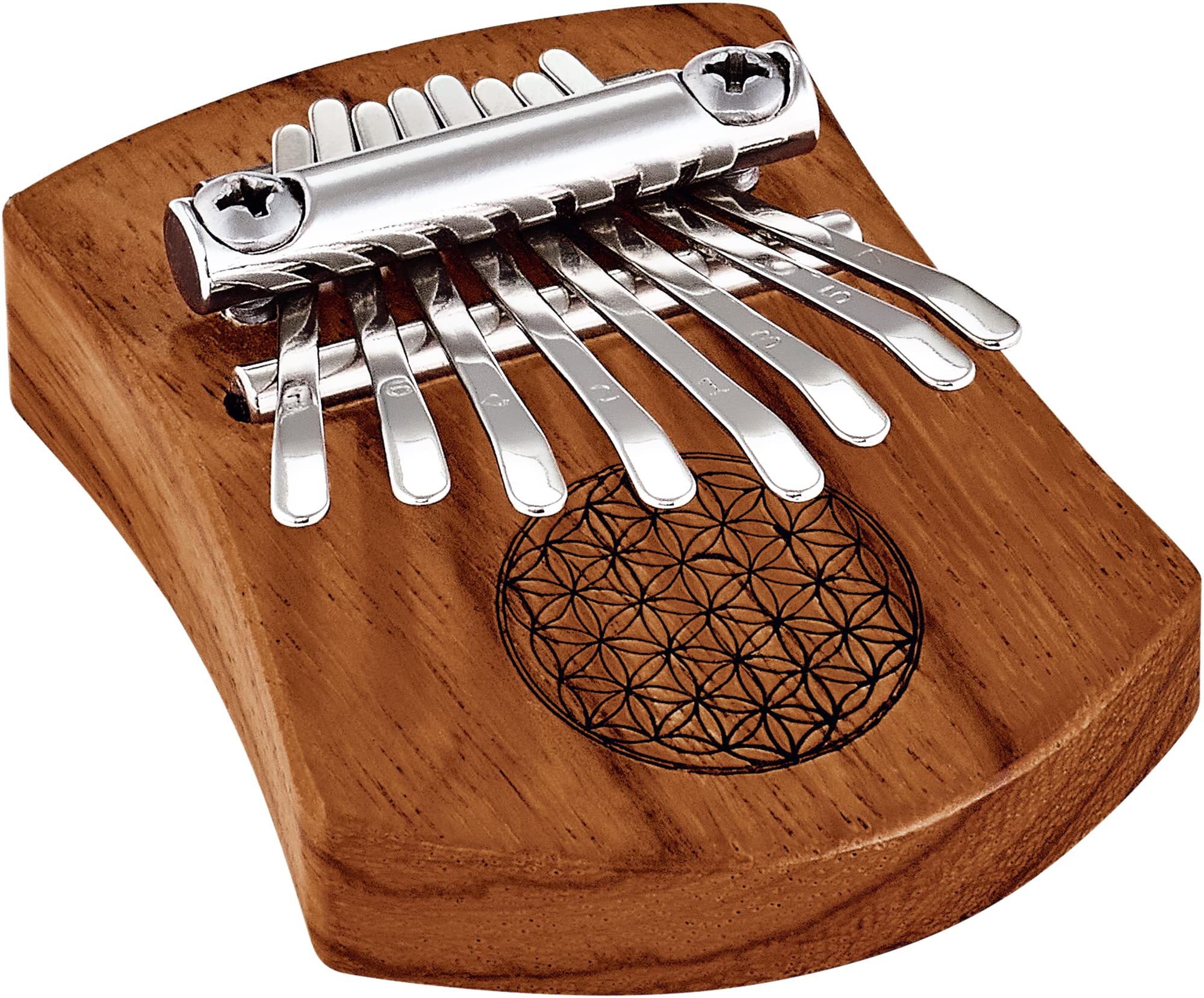 Sonic Energy Solid Body Kalimba – 8 notes in C Major – For Meditation, Yoga, Percussion – Red Zebrawood, Flower of Life Relief (KL802FOL)