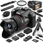 8K &amp; 64MP Professional Camera for Photography, 48X Zoom with Moon | 16X Optical + 3X Digital,180&deg;Flip Screen，2 Batteries, 64GB TF Card,WiFi, Wide &amp; Macro Lens Kit,Vlogging and Travel