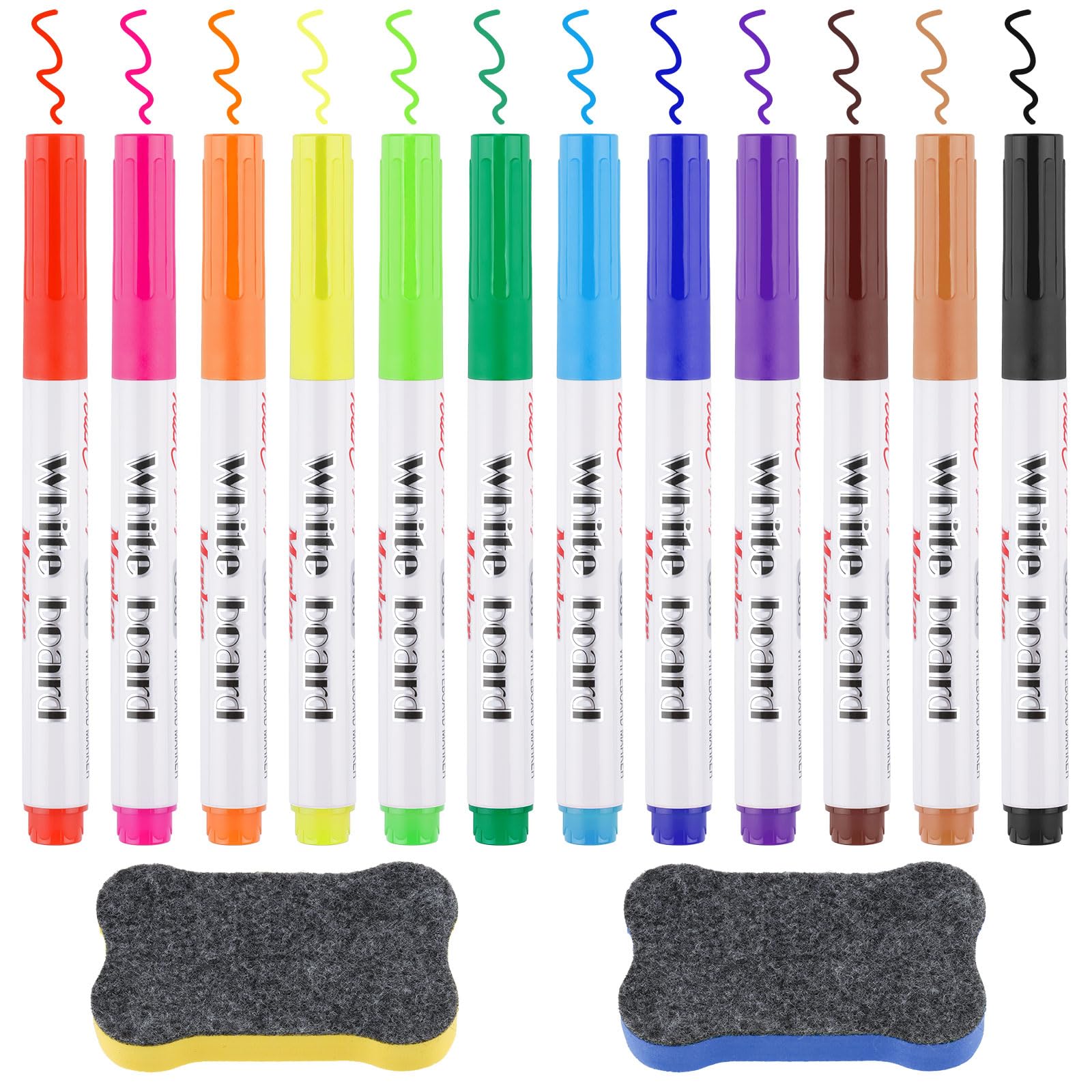 WINKIO White Board Markers Erasable, 12 Color Dry Wipe Whiteboard Pens with Magnetic Erasers, Fine Tip Floating Ink Dry Erase Marker for Home, School And Office Uses