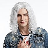 STfantasy Grey Mens Wig Long Gray Wavy Mid Length Synthetic Hair for Man Men Male Cosplay Costume Anime (Light Grey)