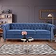 Chesterfield Sofa, Modern Velvet Tufted Couch 3 Seater with Scroll Arms and Nailhead for Living Room, Bedroom, Office, Apartment (Blue)