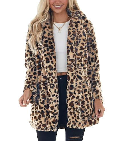 SeekMe Womens Faux Fur Coats Leopard Jackets Loose Warm Fall