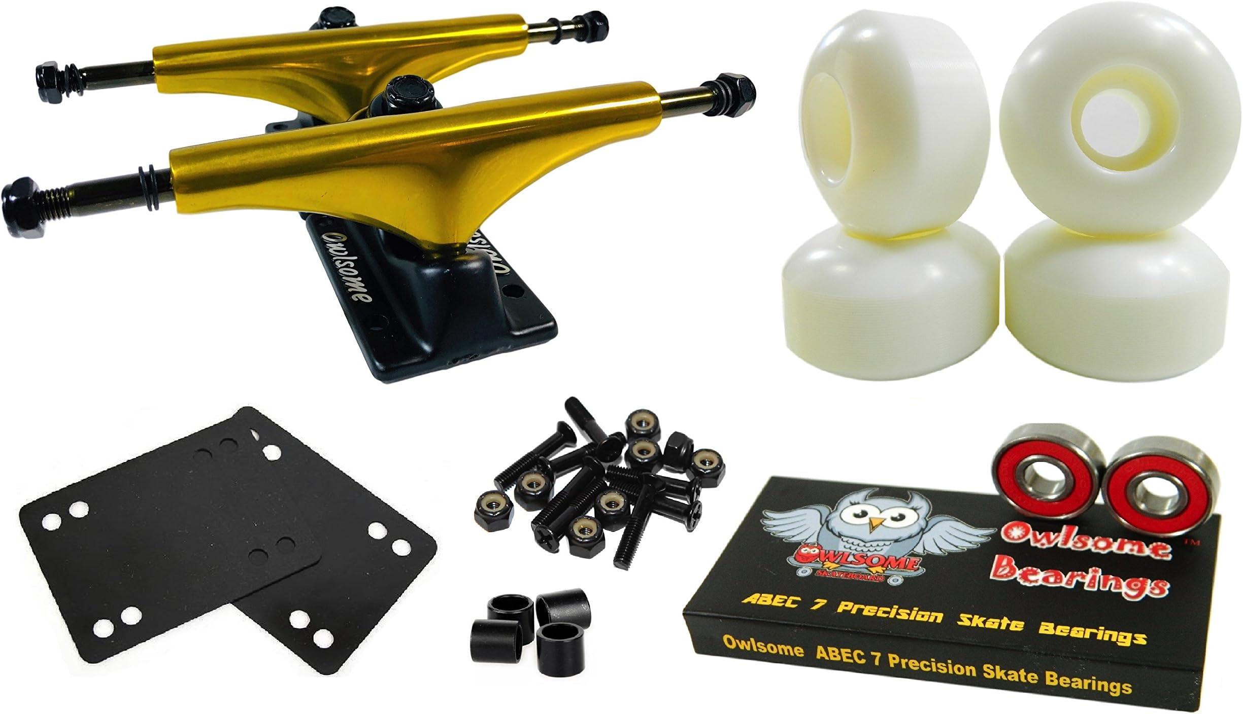 Owlsome 5.25 Metallic Gold/Black Aluminum Skateboard Trucks w/ 52mm Wheels Combo Set