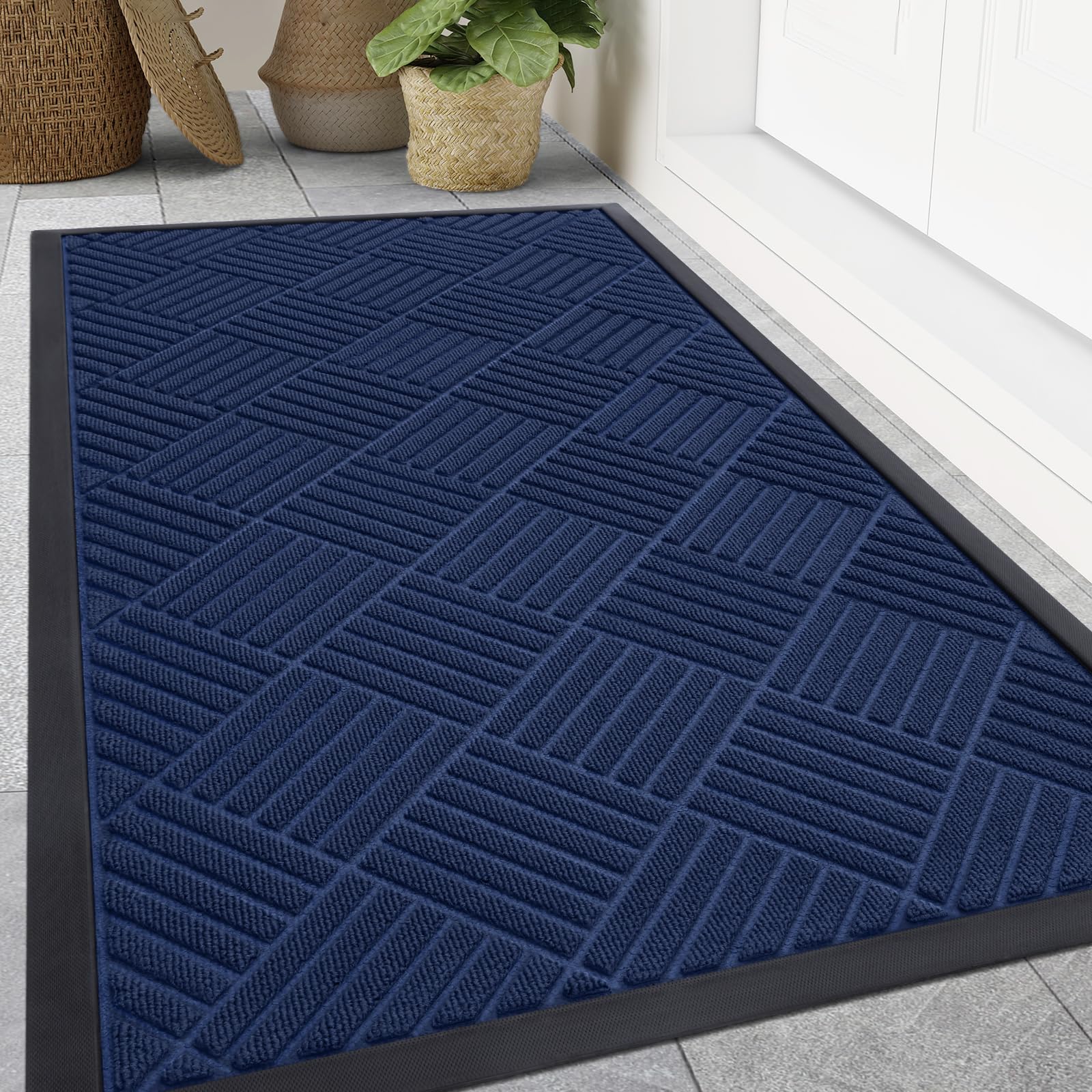 Smiry Front Door Mat Outside Entrance, Heavy Duty Outdoor Indoor Natural Rubber Doormat, Non Slip, Trap Dirt and Moisture, Easy Clean, Low Profile Patio Porch Entryway Mat, 59x35, Navy Blue Image