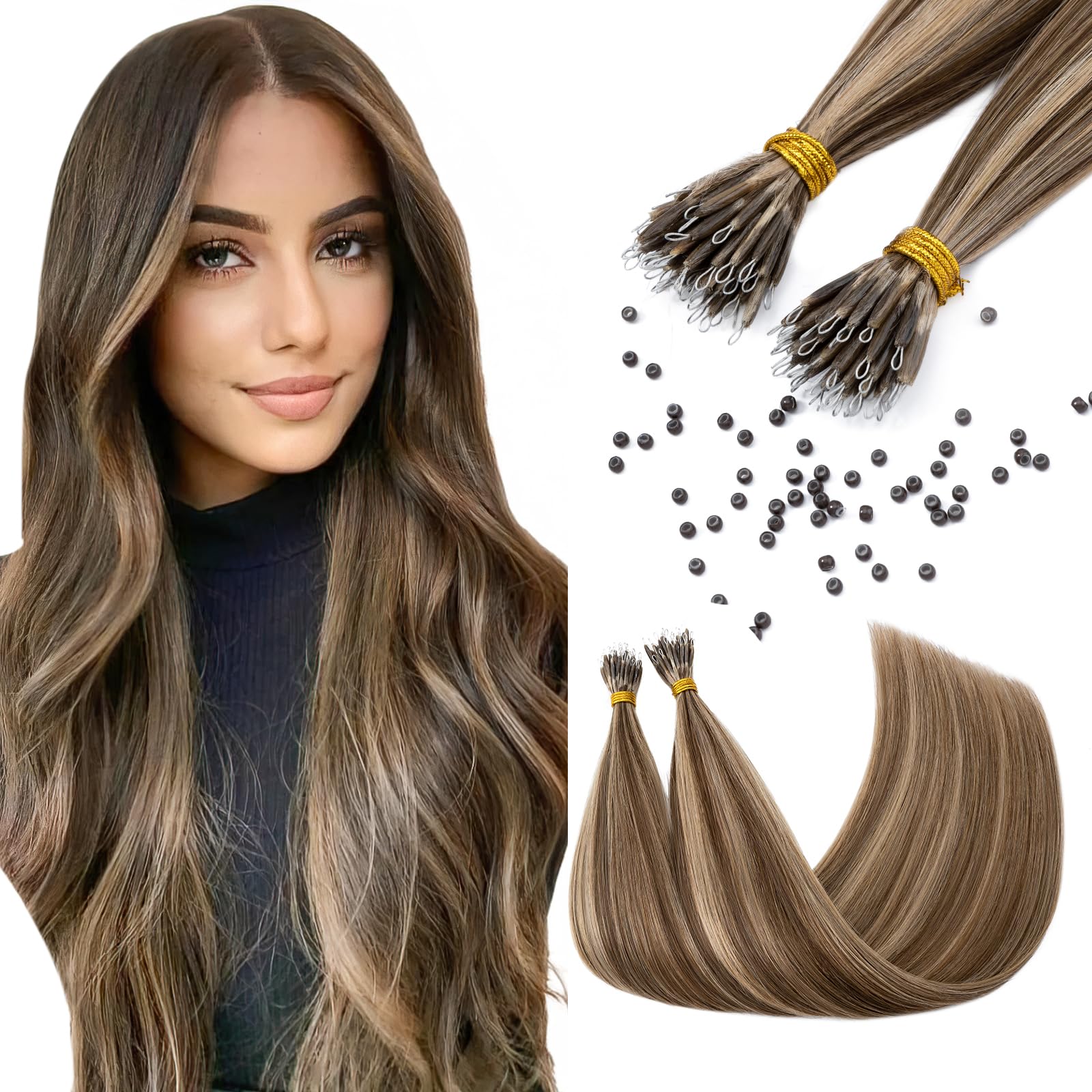 Elailite Nano Beads Hair Extension Real Human Hair 50 Strands 35g Cold Fusion With Nano Ring Micro Rings Remy Hair Straight (#4/27 Medium Brown Mix Dark Blonde, 20 Inch) — image 1