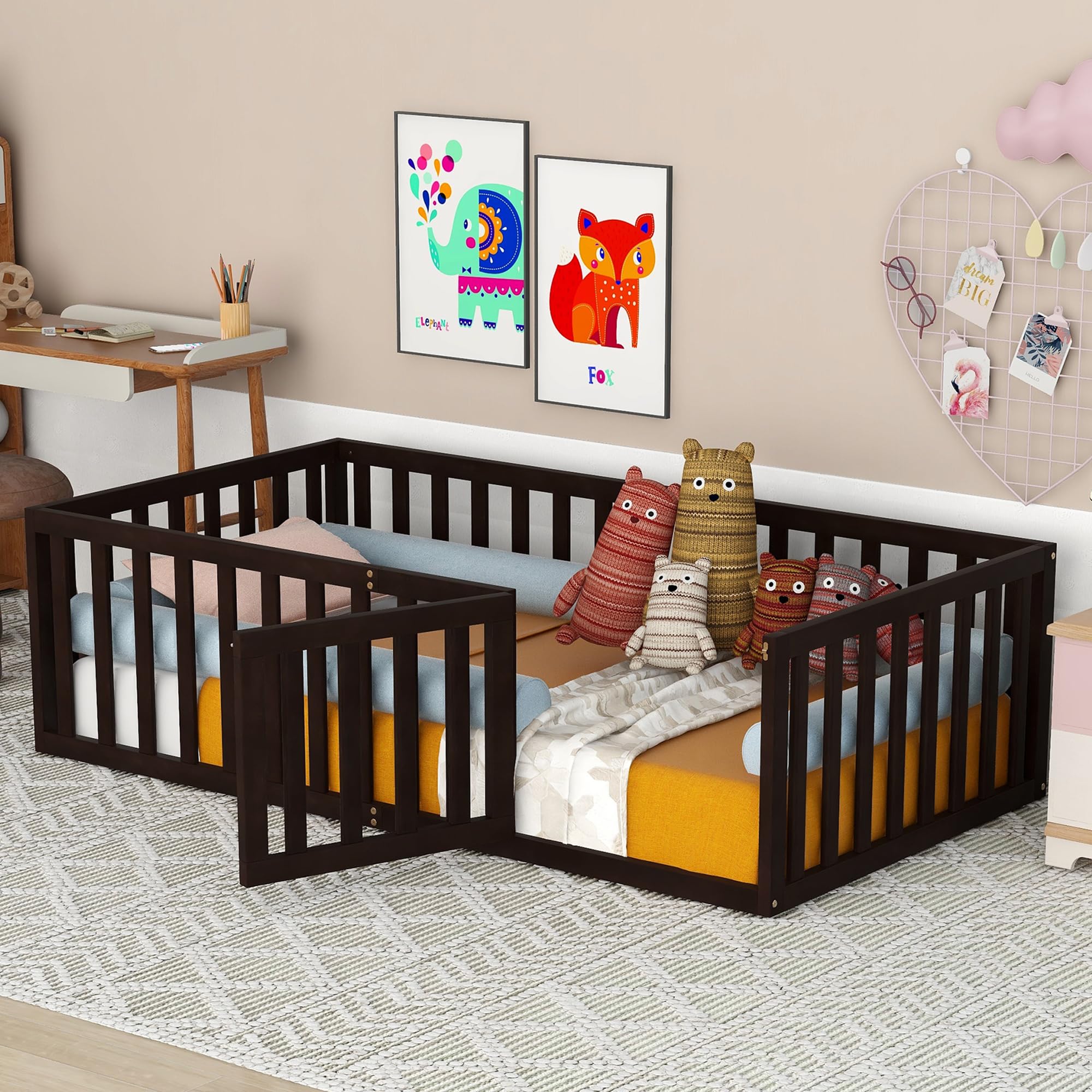 Photo 1 of Twin Size Floor Bed with Fence and Door, Kids Montessori Floor Bed Without Slats, Cute Montessori Bed for Kids, Girls, Boys, Wodd Floor Bed(Walnut Twin)