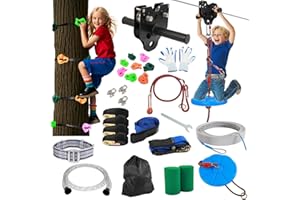 FAHKNS Zip Line Kit for Kids Adults: 120FT Up to 400 lbs - Updated Removable Design Trolley,Thickened Seat,Safety Harness,Quick Tighten Zipline Kits for Outdoor Backyard