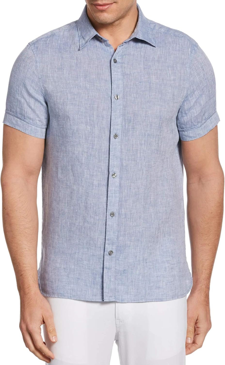 Perry Ellis Men's Untucked Solid Linen Short Sleeve ButtonDown Shirt
