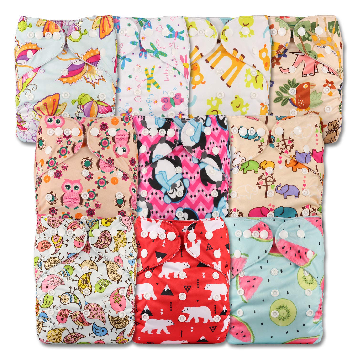 Littles and Bloomz, Reusable Pocket Cloth Nappy, Fastener: Popper, Set of 10, Patterns 1004, with 10 Bamboo Charcoal Inserts