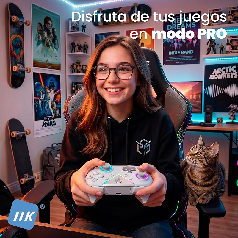 Mando Inalámbrico Bluetooth para PC - Compatible con Switch/Smartphone Android y iOS, 2 Botones Macro, Vibración Dual, 6 Ejes, Luces LED, Color Negro (Blanco)