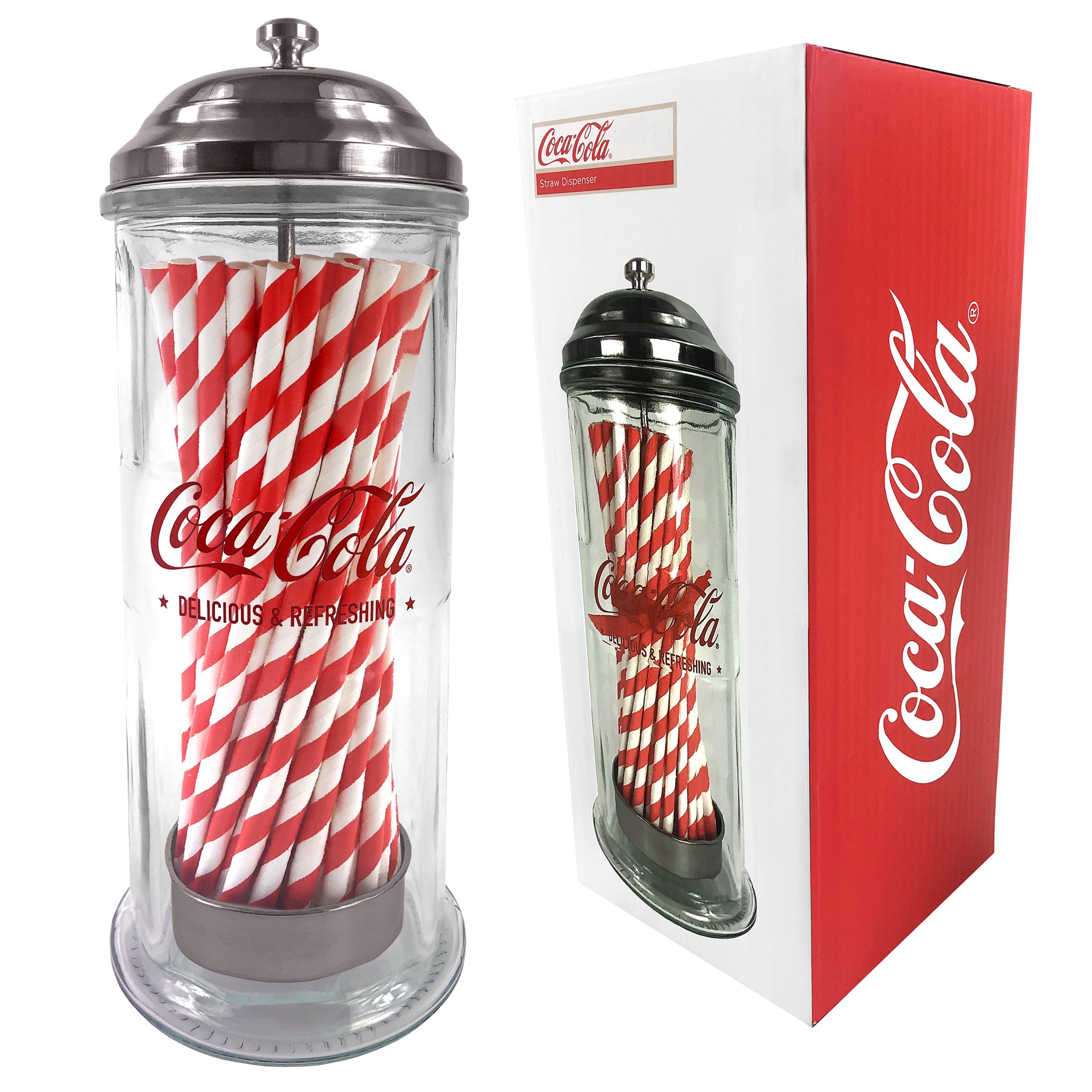 Kimm & Miller Coca Cola Glass Straw Holder & Dispenser - Official Coca Cola Gifts, Merchandise & Retro Kitchen Accessories - with 50 Striped Paper Drinking Straws