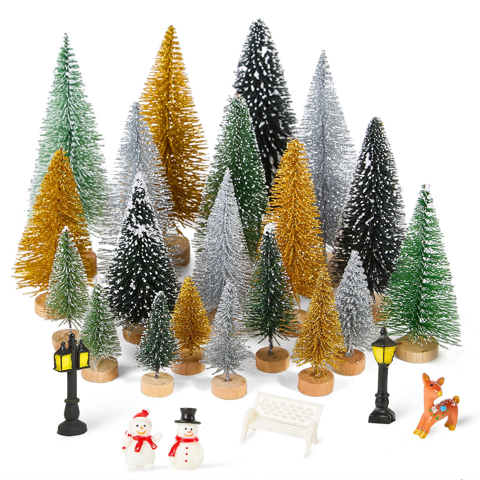 Fuyuleyo 26Pcs Mini Christmas Tree Bottle Brush Trees, Christmas Village Sets with Resin Mini Christmas Ornaments, Miniature Artificial Christmas Trees for DIY Crafts Christmas Table Decorations