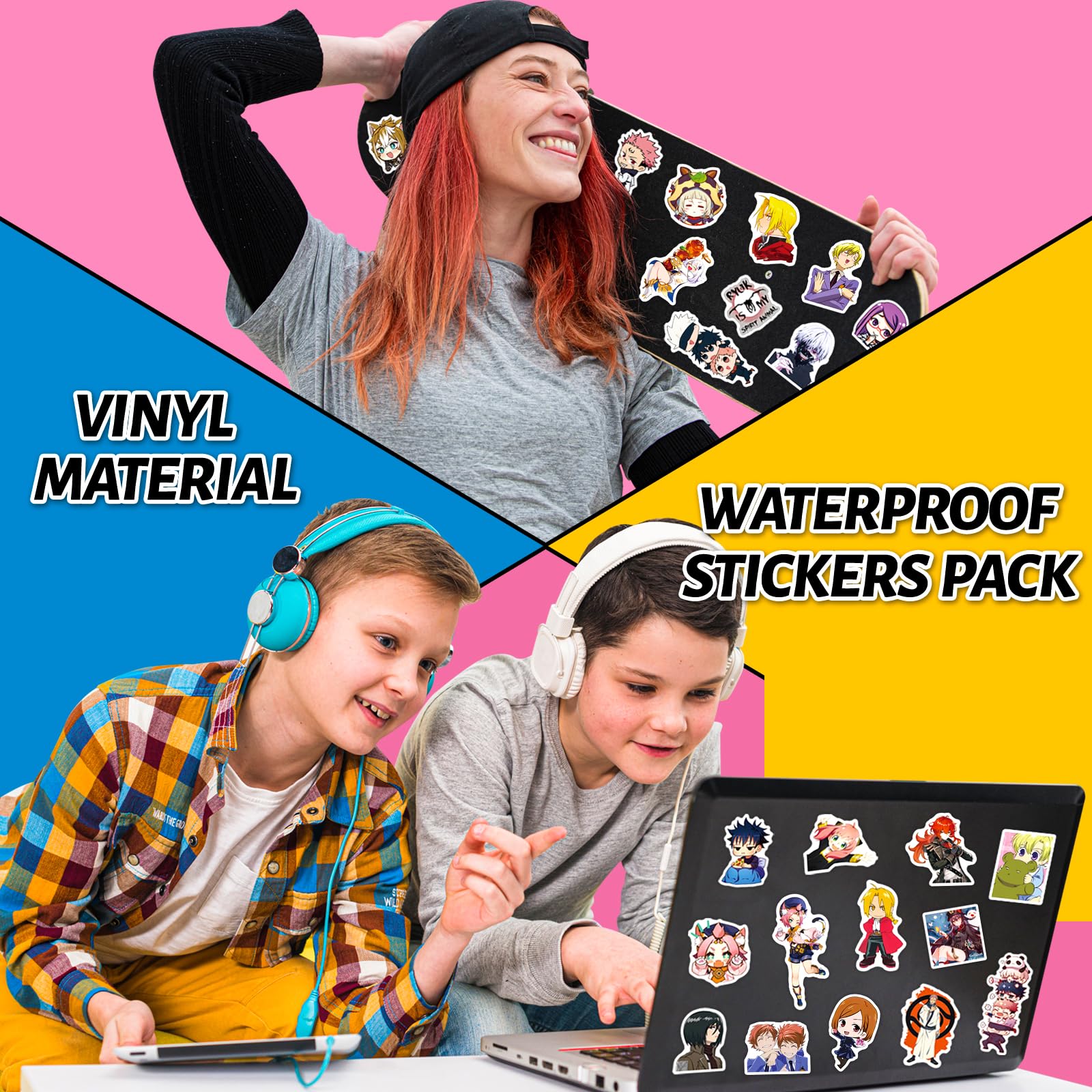 640 PCS Mixed Anime Stickers Pack - 16 Themes, 32 Sheets, Waterproof Decals for Water Bottles, Computers, Skateboards, Guitars - Suitable for Kids, Adults, Teens