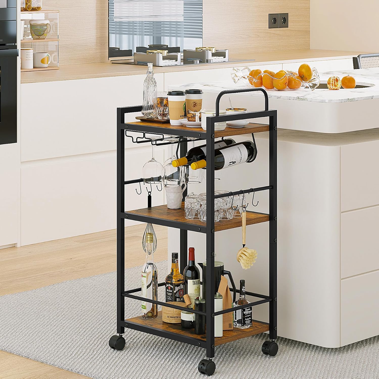 3-Tier Small Rolling Bar Cart with glass holders and wine rack on a bright kitchen counter