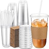 Ziliny 25 Sets Clear Plastic Cups with Lids Straws and Cup Sleeve, Disposable Plastic Iced Coffee Cup for Cold Drinks Juice Smoothie Coffee Shops Party Catering (20 oz)