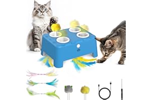 Kezlume 2 in1 Automatic Interactive Cat Toys for Indoor Cats, 4 Holes Mice Whack a Mole Cat Mouse Toy with Moving Feather, Rechargeable USB Power Kitten Feather Toys for All Breeds (Blue)