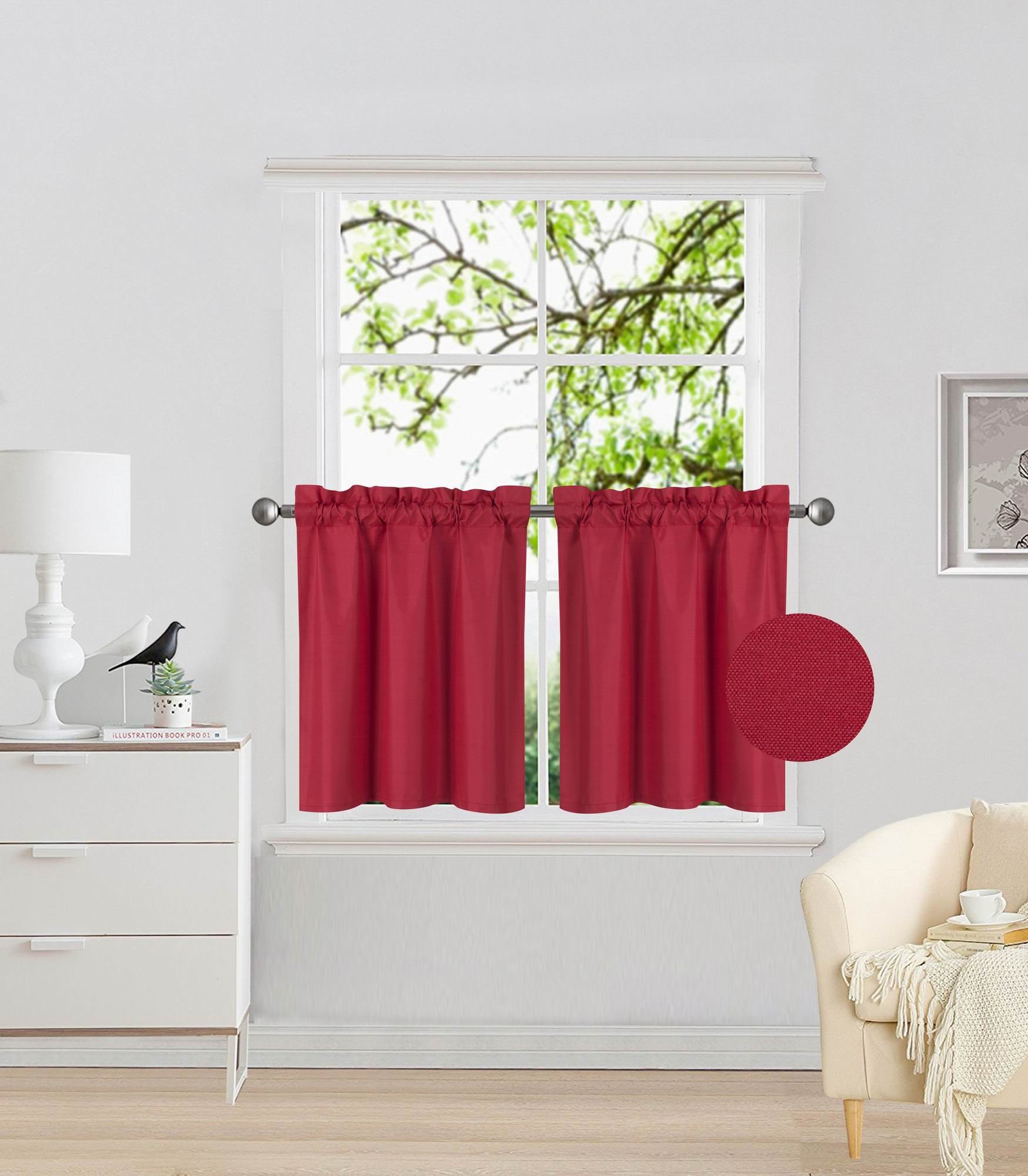 Elegant Home 2 Panels Tiers Small Window Treatment Curtain Insulated Blackout Drape Short Panel 28" W X 24" L Each for Kitchen Bathroom or Any Small Window # R16 (Red)