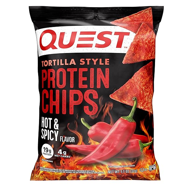 QUEST NUTRITION TORTILLA STYLE PROTEIN CHIPS, HOT & SPICY, 19G OF PROTEIN, 4G NET CARBS, GLUTEN FREE, 1.1 OUNCE (PACK OF 12)