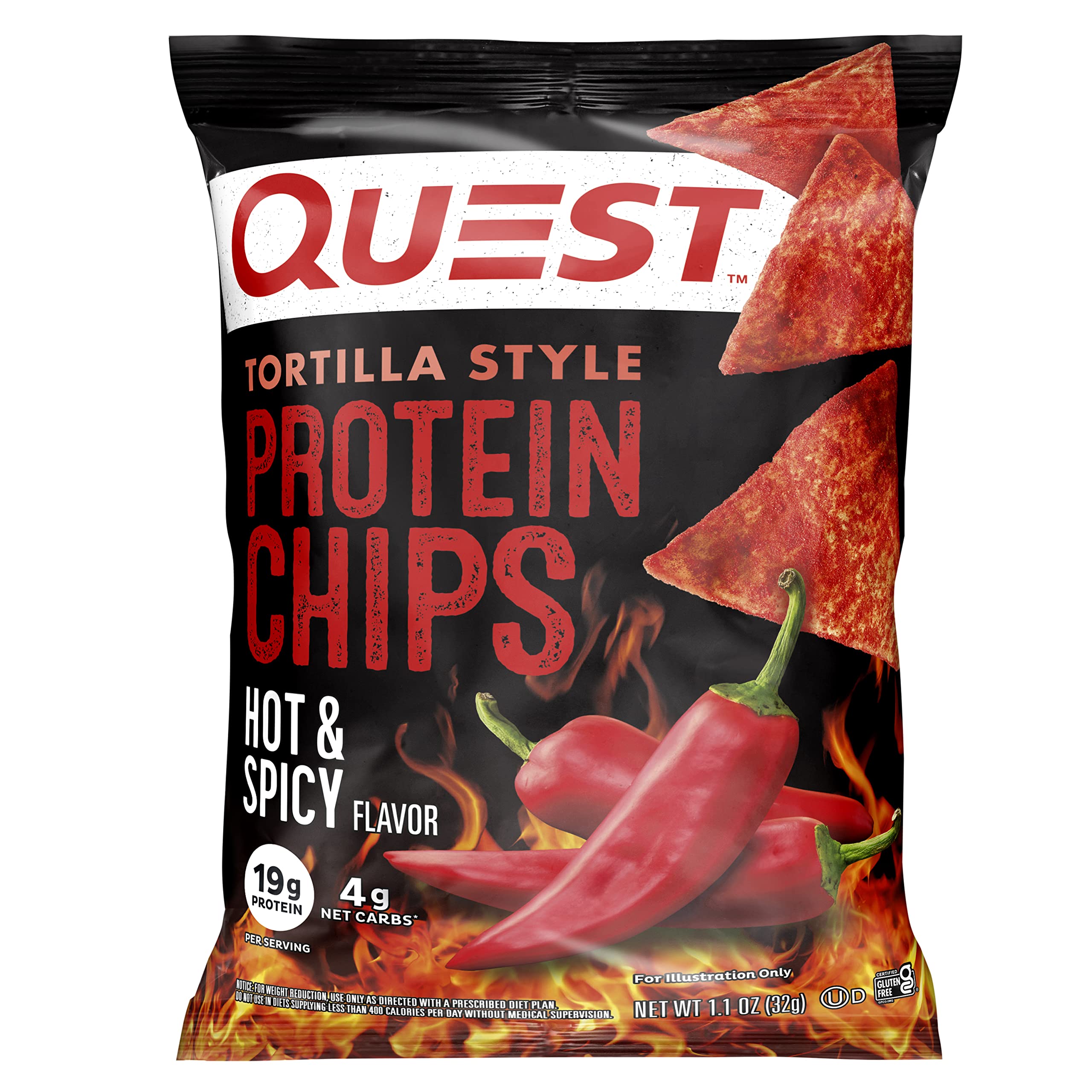 Photo 1 of **BB 4/3/2026***Quest Nutrition Tortilla Style Protein Chips, Hot & Spicy, 19g of Protein, 4g Net Carbs, High Protein, Gluten Free, 1.1 Ounce (Pack of 12)