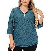 Koscacy Women's Plus Size 3/4 Sleeve Golf Tennis Polo Shirts Zip Up Dry Fit UPF 50+ Adjust Workout Tops Athletic Shirt